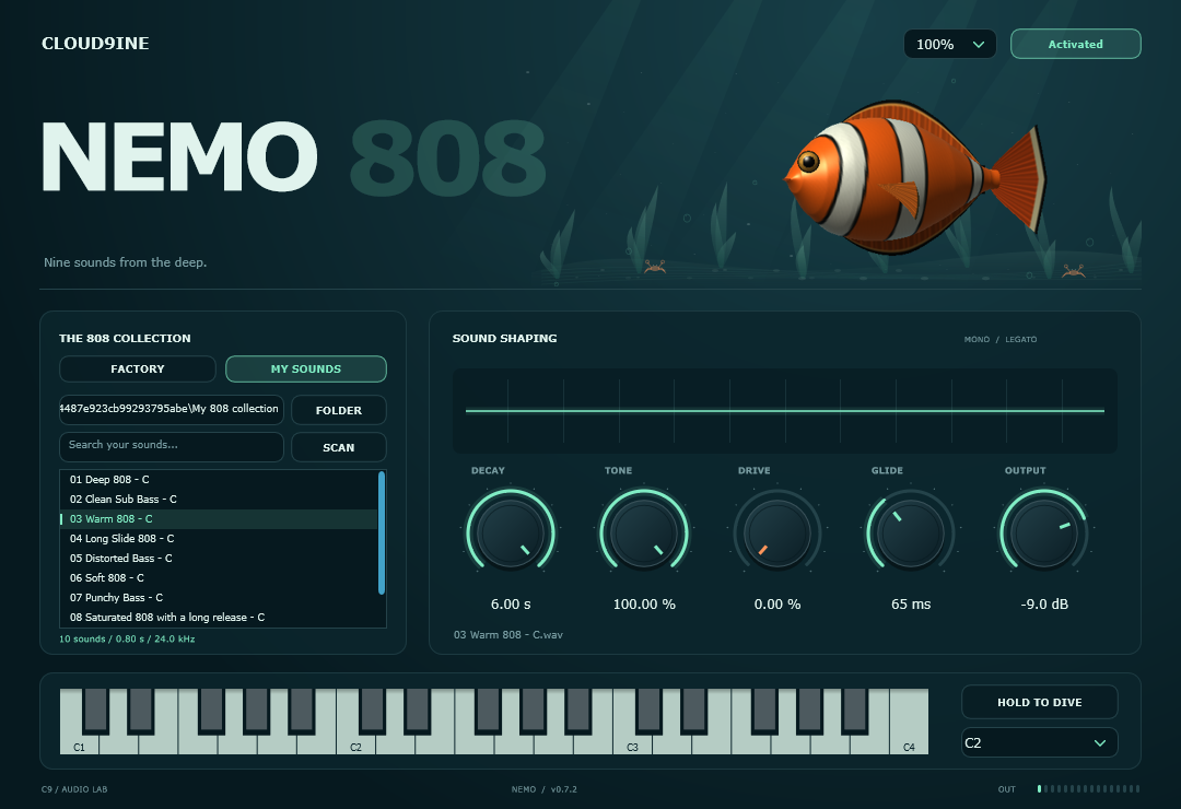 NEMO 808 mit verknüpftem Sample-Ordner, gefüllter MY SOUNDS-Liste, Suche und Grundton-Auswahl